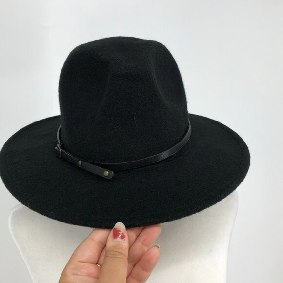 Black felt widebrim fedora  unisex w/ leather belt detail - Picture 2 of 8